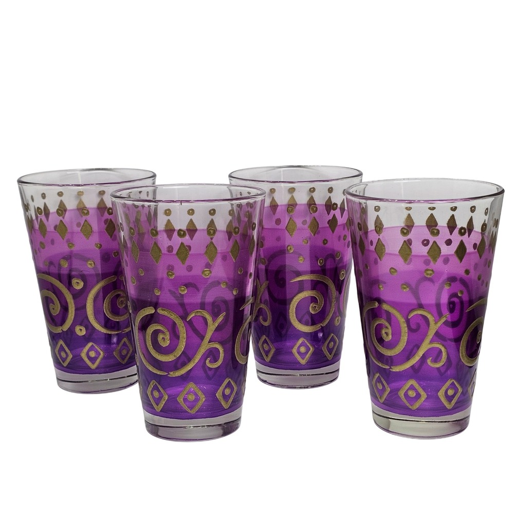 Cerve Italy Purple Gold Moroccan Scroll Glass Tumblers Set of 4 Mediterranean